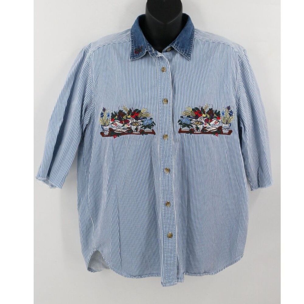 Bobbie Brooks Womens Size Small Striped Button Up Shirt Embroidered Fall Custom
